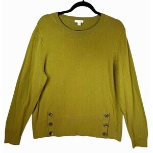 J Jill Sweater Womens L‎ Pea Green Button Split Hem Crew Neck Office Career
